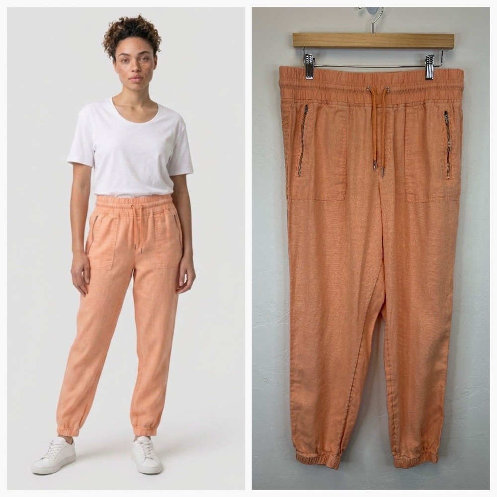 Athleta Linen Jogger Pants Elastic Waist Size 12 Peach Orange Drawstring Pockets